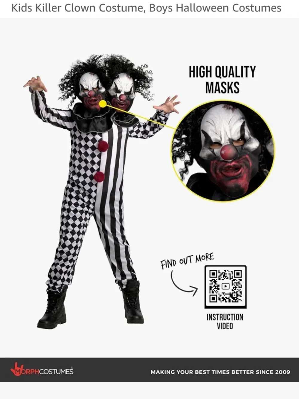 🎃🔥 NWT Morph two headed scary clown kids (boys) costume size M
